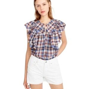 J. Crew Vintage plaid sleeveless rufgle top. Red, blue, yellow and white. Size 8